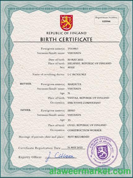 Finland vital record birth certificate PSD template